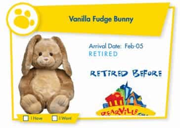 A card of info about the vanilla fudge bunny by Build-a-bear. It states the bunny released in February 2005 and is now retired