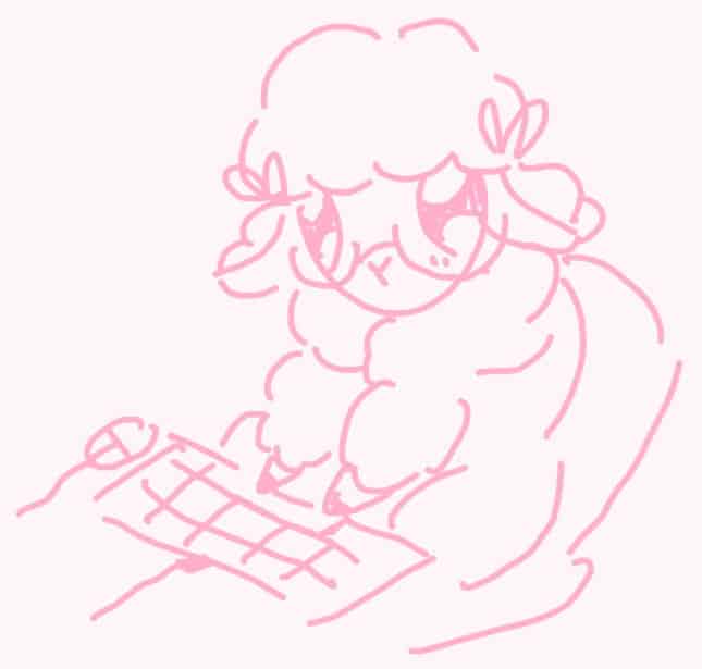 A pink drawing of Annasheep, the site's mascot, sitting at a computer with glasses on and her hooves on the keyboard