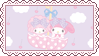 A stamp of the Sanrio characters My Sweet Piano and My Melody floating in an upturned umbrella