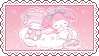 A stamp of the Sanrio characters My Sweet Piano and My Melody sleeping on a pink cloud