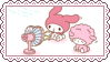 A stamp of the Sanrio characters My Sweet Piano and My Melody sitting in front of a metal fan
