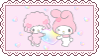 A stamp of the Sanrio characters My Sweet Piano and My Melody holding a rainbow heart