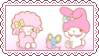 A stamp of the Sanrio characters My Sweet Piano, My Melody, and Flat sitting and hiding their faces