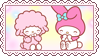 A stamp of the Sanrio characters My Sweet Piano and My Melody laughing together