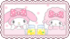 A stamp of the Sanrio characters My Sweet Piano and My Melody waiting to drink two glasses of lemonade
