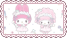 A stamp of the Sanrio characters My Sweet Piano and My Melody in pink dresses holding whisks with meringue batter on them