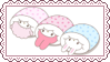 A stamp of the Sanrio characters My Sweet Piano, My Melody, and Wish Me Mell all rolled up in futons