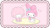 A stamp of the Sanrio characters My Sweet Piano and My Melody sitting on a yellow rug