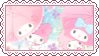 A stamp of the Sanrio characters My Sweet Piano and My Melody holding umbrellas of each other in the rain