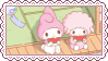 A stamp of the Sanrio characters My Sweet Piano and My Melody eating watermelon together